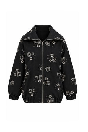 Balenbi Kadın Çiçek Desenli Fermuarlı Oversize Jean Bomber Ceket 380 - Premium Seri