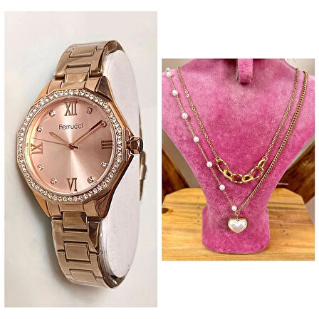 Ferrucci RoseGold Modern Kasa Şık Çelik Kadın Kol Saat+%100 Çelik Kolye Hediye
