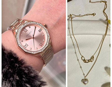Ferrucci RoseGold Modern Kasa Şık Çelik Kadın Kol Saat+%100 Çelik Kolye Hediye