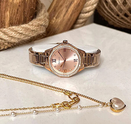 Ferrucci RoseGold Modern Kasa Şık Çelik Kadın Kol Saat+%100 Çelik Kolye Hediye