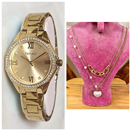 Ferrucci Gold Modern Kasa Şık Çelik Kadın Kol Saat+%100 Çelik Kolye Hediye