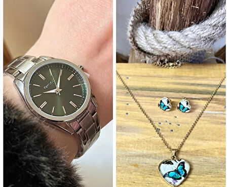 Ferrucci Silver Kordon-Haki Kadran Klasik Model Kadın Kol Saati+%100 Çelik Set Hediyeli