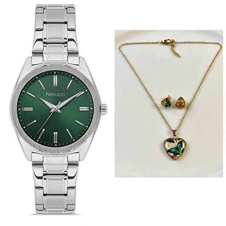Ferrucci Silver Kordon-Haki Kadran Klasik Model Kadın Kol Saati+%100 Çelik Set Hediyeli