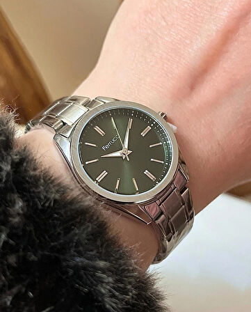 Ferrucci Silver Kordon-Haki Kadran Klasik Model Kadın Kol Saati+%100 Çelik Set Hediyeli