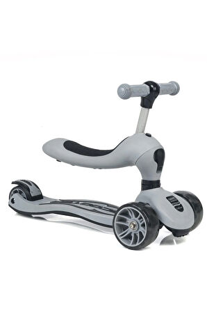 Smart Oturaklı Çocuk Scooter 3 Tekerlekli Led Işıklı Scooter Yükseklik Ayarlı - Gri