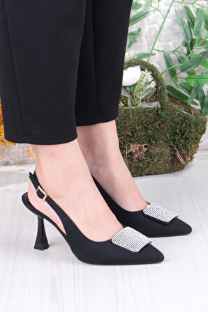 Fort 132-1333 Fls Saten Taşlı Toka Detaylı Arkası Açık Önü Kapalı Topuklu Kadın Ayakkabı