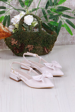 Fort 018-903 Fls Saten Fiyonk Detaylı Alçak Topuk Arkası Açık Önü Kapalı Kadın Ayakkabı