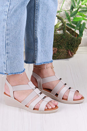 Fort 35604 Mavişim Rahat Esnek Lastik Bağlamalı Dolgu Topuklu Kadın Sandalet