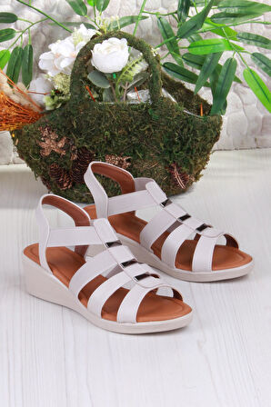 Fort 35604 Mavişim Rahat Esnek Lastik Bağlamalı Dolgu Topuklu Kadın Sandalet