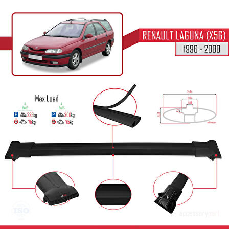 Renault Laguna (X56) SW 1996-2000 Arası ile Uyumlu FLY Model Ara Atkı Tavan Barı Siyah 3 Adet