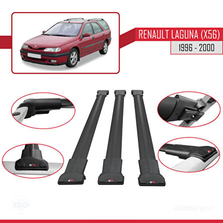 Renault Laguna (X56) SW 1996-2000 Arası ile Uyumlu FLY Model Ara Atkı Tavan Barı Siyah 3 Adet