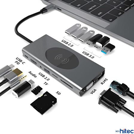 Global 15in1 Hub Kablosuz Şarj/Type-C to 4K HDMI/UsbA 3.0/TF SD/VGA/3.5mm/AUX/PD/RJ45 Gigabit Ethernet Dönüştürücü Adaptör WNE1139