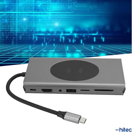 Global 15in1 Hub Kablosuz Şarj/Type-C to 4K HDMI/UsbA 3.0/TF SD/VGA/3.5mm/AUX/PD/RJ45 Gigabit Ethernet Dönüştürücü Adaptör WNE1139