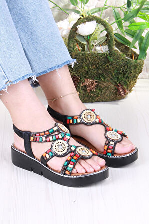 Fort 079-501 Fls Boncuk Renkli Toka Detaylı Lastik Bağlı Kalın Taban Kadın Sandalet