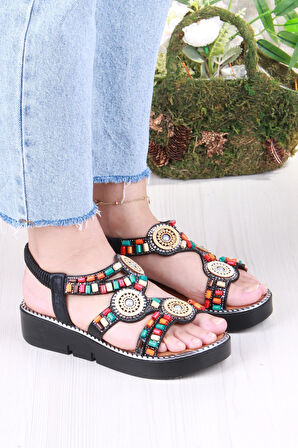 Fort 079-501 Fls Boncuk Renkli Toka Detaylı Lastik Bağlı Kalın Taban Kadın Sandalet