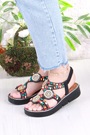 Fort 079-501 Fls Boncuk Renkli Toka Detaylı Lastik Bağlı Kalın Taban Kadın Sandalet