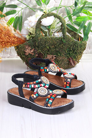 Fort 079-501 Fls Boncuk Renkli Toka Detaylı Lastik Bağlı Kalın Taban Kadın Sandalet