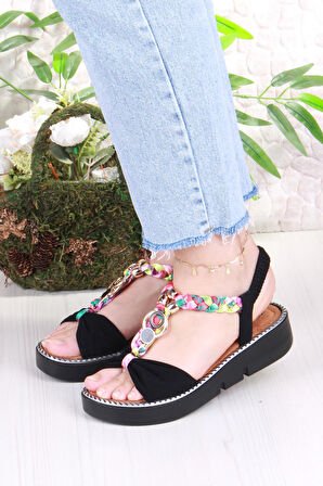 Fort 079-513 Fls Toka Detaylı Lastik Bağlı Renkli Örgü Kalın Taban Kadın Sandalet