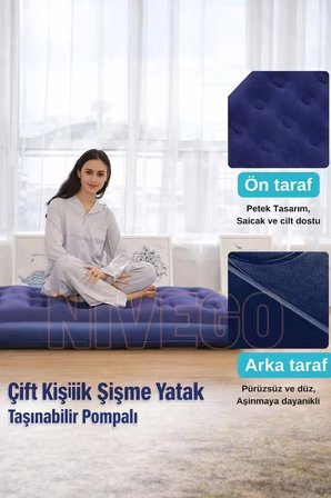 Nivego Çift Kişilik Şişme Yatak | Dahili Pompalı | 203x152x22cm | Kamp & Ev Kullanımı İçin | Delinmeye ve Kesilmeye Dayanıklı