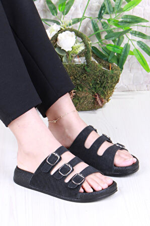 Fort 100403 Pienn Anatomik Esnek Rahat Simli Baskılı Üç Tokalı Kadın Terlik