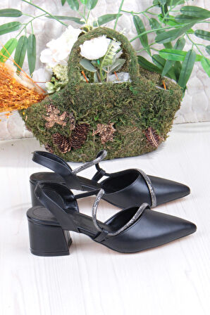 Fort 110-473 Fls Biye Taşlı Arkası Açık Klasik Topuklu Kadın Ayakkabı