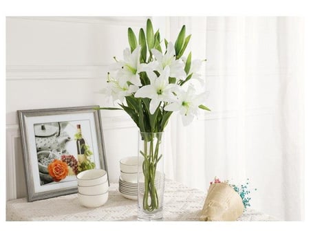Yapay Çiçek Lilyum 3 Kafalı Islak Zambak 80cm Beyaz