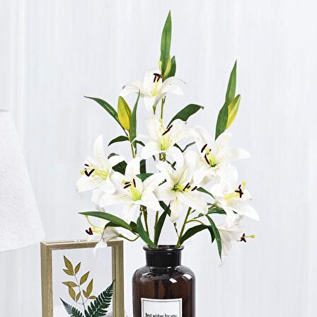 Yapay Çiçek Lilyum 3 Kafalı Islak Zambak 80cm Beyaz