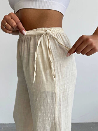 Nuray Model Yazlık %100 Keten Bol Paça Yandan Bağcıklı Pantolon