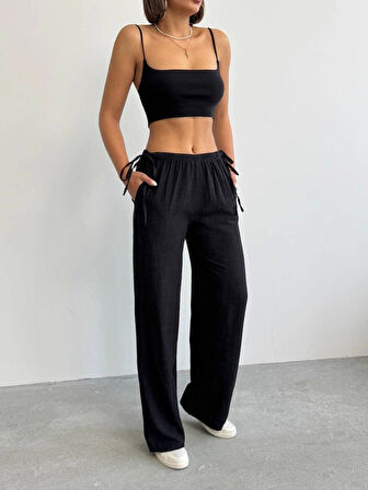Nuray Model Yazlık %100 Keten Bol Paça Yandan Bağcıklı Pantolon