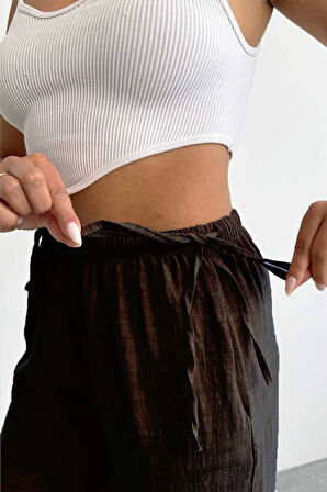 Nuray Model Yazlık %100 Keten Bol Paça Yandan Bağcıklı Pantolon