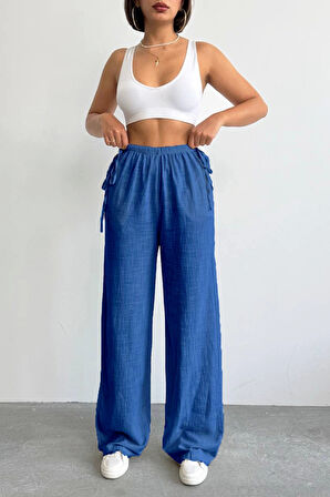 Nuray Model Yazlık %100 Keten Bol Paça Yandan Bağcıklı Pantolon