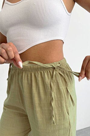 Nuray Model Yazlık %100 Keten Bol Paça Yandan Bağcıklı Pantolon