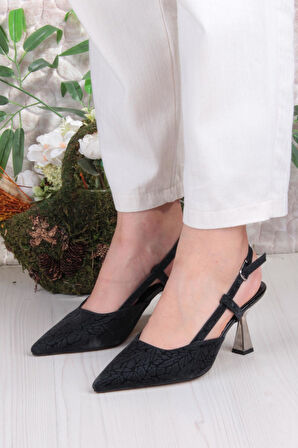 Fort 1182-09 Fls Saten Baskılı Arkası Açık Topuklu Kadın Ayakkabı