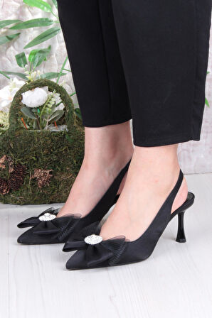 Fort 129-1070 Fls Saten Taşlı Fiyonk Detaylı Arkası Açık Önü Kapalı Topuklu Kadın Ayakkabı