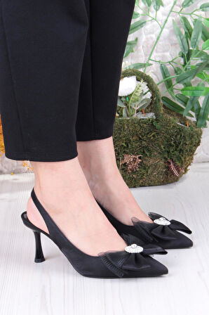 Fort 129-1070 Fls Saten Taşlı Fiyonk Detaylı Arkası Açık Önü Kapalı Topuklu Kadın Ayakkabı