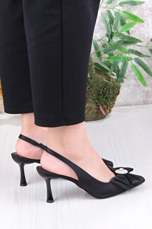 Fort 129-1070 Fls Saten Taşlı Fiyonk Detaylı Arkası Açık Önü Kapalı Topuklu Kadın Ayakkabı