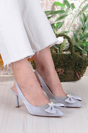 Fort 129-1070 Fls Saten Taşlı Fiyonk Detaylı Arkası Açık Önü Kapalı Topuklu Kadın Ayakkabı