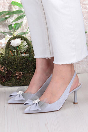 Fort 129-1070 Fls Saten Taşlı Fiyonk Detaylı Arkası Açık Önü Kapalı Topuklu Kadın Ayakkabı