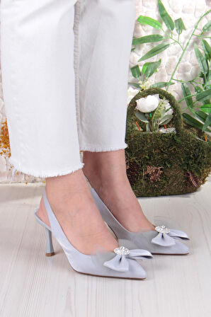 Fort 129-1070 Fls Saten Taşlı Fiyonk Detaylı Arkası Açık Önü Kapalı Topuklu Kadın Ayakkabı