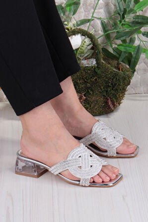 Fort Ares 1698 Sedef Taşlı Günlük Giyim Abiye Şeffaf Topuk Kadın Terlik