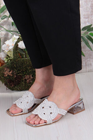 Fort Ares 1698 Sedef Taşlı Günlük Giyim Abiye Şeffaf Topuk Kadın Terlik