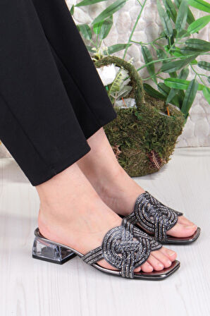 Fort Ares 1698 Siyah Taşlı Günlük Giyim Abiye Şeffaf Topuk Kadın Terlik