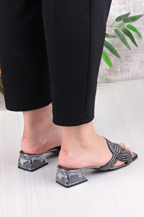 Fort Ares 1698 Siyah Taşlı Günlük Giyim Abiye Şeffaf Topuk Kadın Terlik