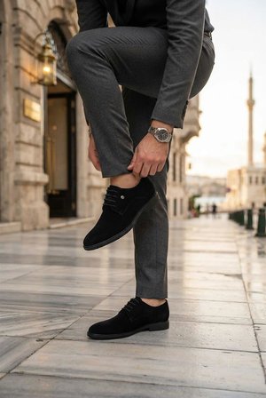Fort 97044 Siyah Süet Damat Ayakkabısı Takım Ayakkabısı Erkek Ayakkabı
