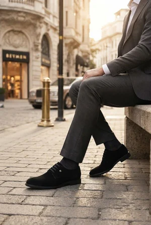Fort 97044 Siyah Süet Damat Ayakkabısı Takım Ayakkabısı Erkek Ayakkabı