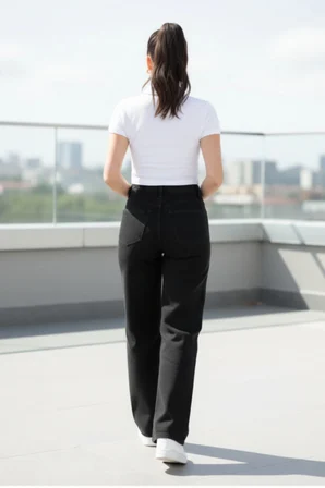 Nova Kadın Yüksek Bel Siyah Salaş Jeans Wide Leg Geniş Paça Palazzo Kot Pantolon