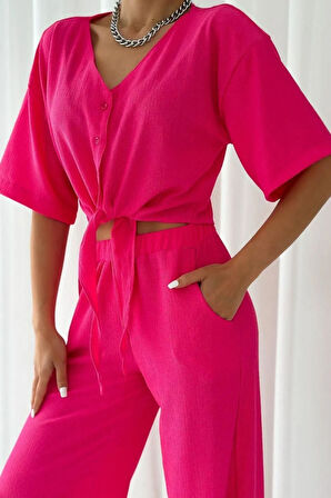 Fuşya Önden Bağlamalı Crop Palazzo Alt Üst Takım