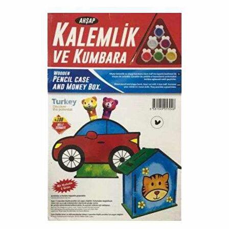 Kumtoys Araba Ahşap Kalemlik ve Kumbara Maket Ahşap Boyama 2 Ürün Birden