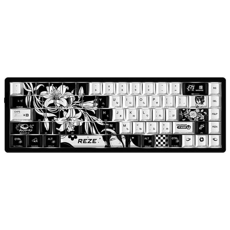 74 Tuş REZE Anime Temalı PBT Tuş Takımı – Siyah Beyaz Desenli Mekanik Klavye Keycaps Seti