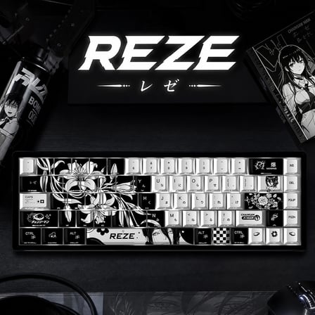74 Tuş REZE Anime Temalı PBT Tuş Takımı – Siyah Beyaz Desenli Mekanik Klavye Keycaps Seti